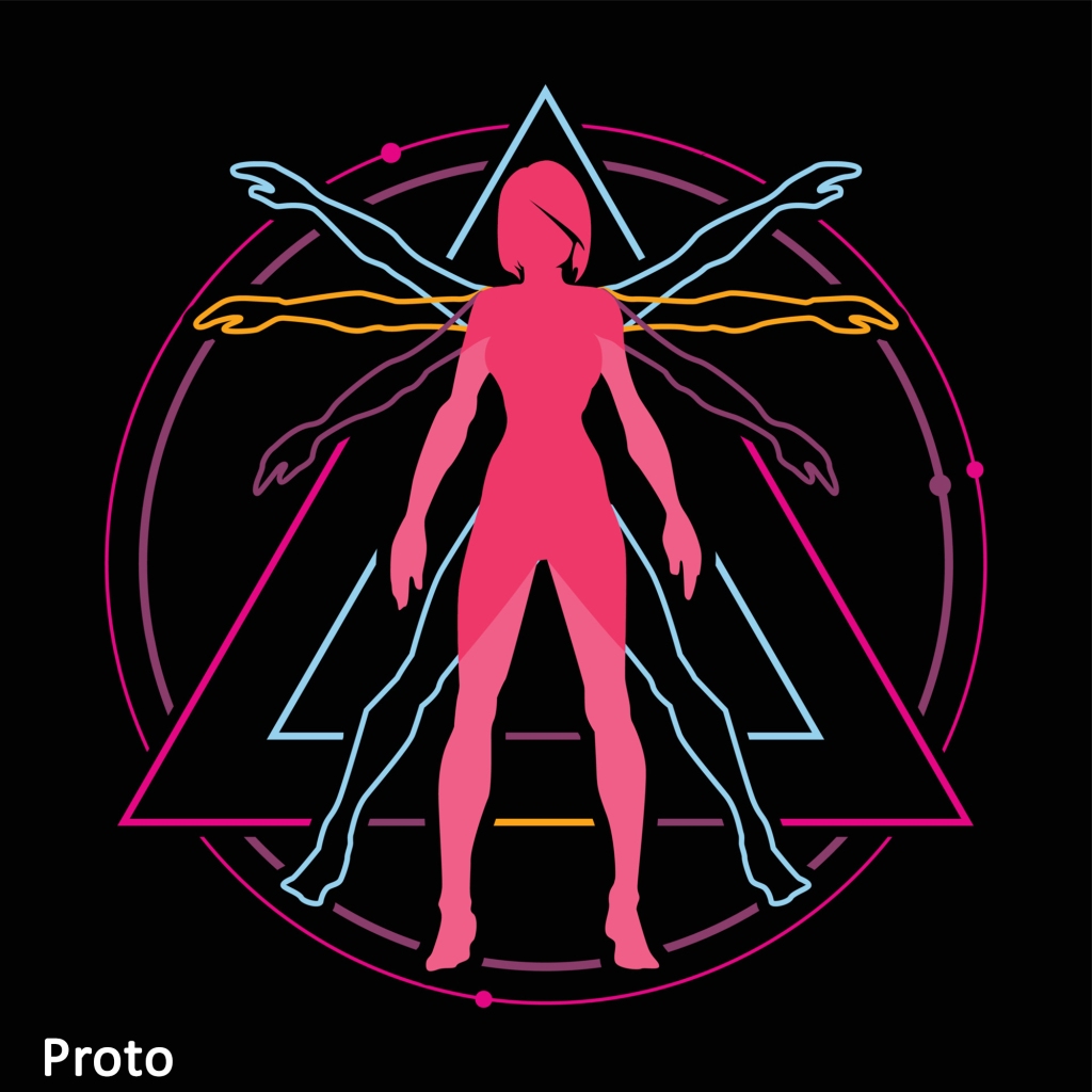 Proto couverture d'Extra Karma, représentant une femme de vitruve au style futuriste
