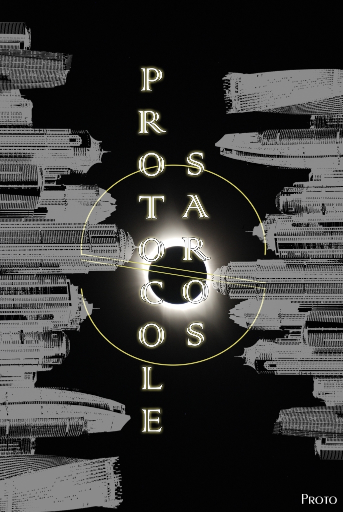 La silhouette d'une ville postée à la verticale sur les côtés avec le titre Protocole Saros au milieu d'une éclipse