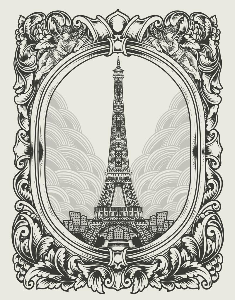 Le dessin d'une tour Eiffel présentée dans une encadrure style vintage